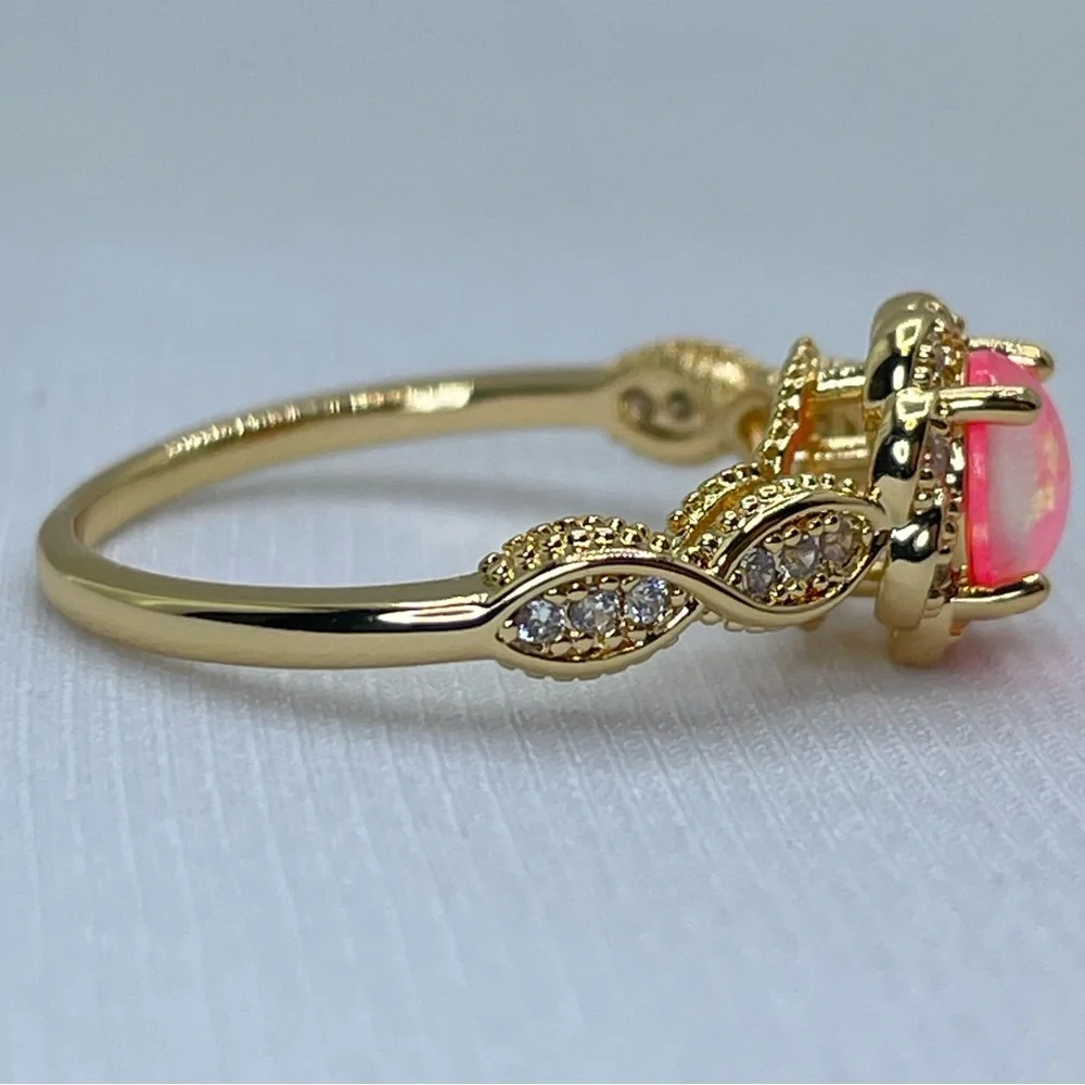 Pink Faux Opal CZ Ring Gold Vintage Style Halo Floral Engagement Ring Art Deco